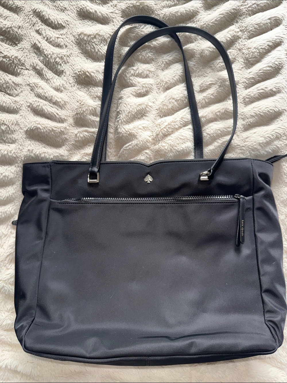 Kate Spade Large Black Nylon Tote with Front Zip Pocket and Top Handles
